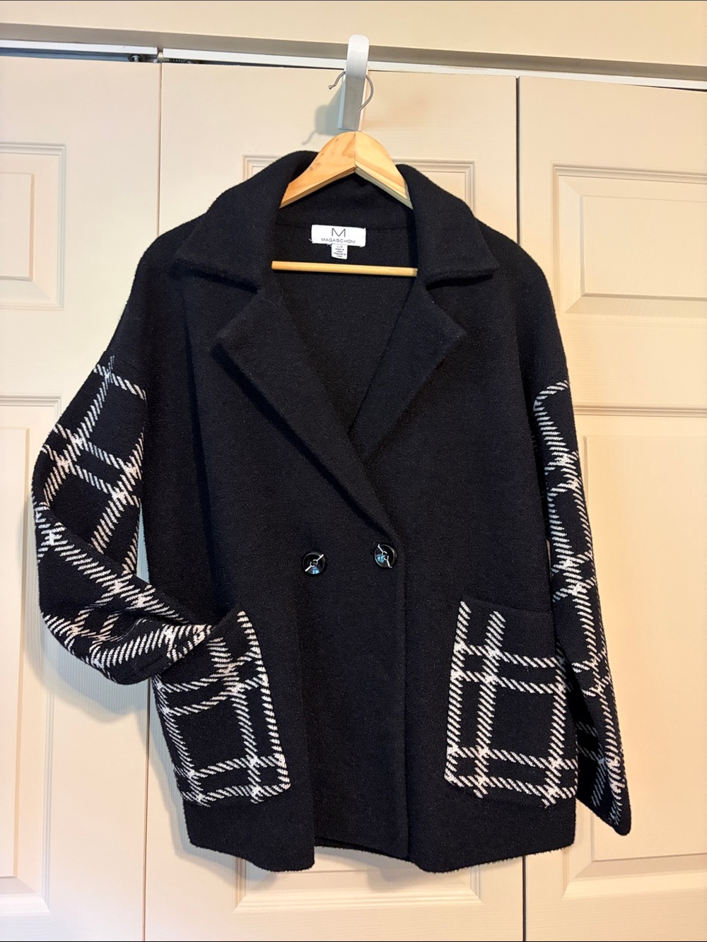 Magaschoni Black Coat with White Plaid Sleeve Accents